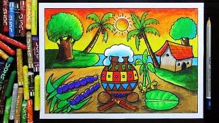 Pongal festival Drawing for Beginners and School Students  Pongal Landscape Drawing