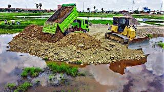 New update Action Project Filling Land ByBulldozer KOMATSU D51PX Push stone Into water