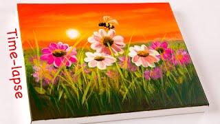 Landscape Painting Flower Field  Wildflowers at Sunset  Acrylic Painting Time lapse