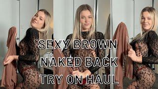 Sexy Brown Naked Back Dress Try on Haul with no Bra 4k