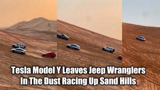 Tesla Model Y Treats Sand Dune As Drag Strip Smokes 2 Jeep Wranglers