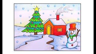 HOW TO DRAW WINTER SEASON SCENERYWINTER SEASON DRAWING EASYCHRISTMAS WINTER LANDSCAPE DRAWING