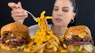 BIG JUICY BURGERS & CHEDDAR SAUCE FRIES  MUKBANG  ASMR