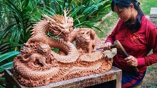 Carving Dragons from a piece of Wood - Ingenious Chainsaw Carving skill  Best Wood Carving