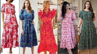 Beautiful Floral Print Knee Length Dresses Design 2024Printed Casules Knee Length Dresses Design