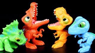 4 DINOSAUR TOYS T-REX TRICERATOPS SPINOSAURUS VELOCIRAPTOR  ASMR  DINO KING TOYS 231230