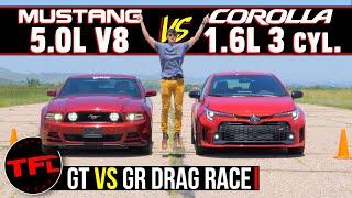 Tiny 3-Cylinder Turbo  vs. Massive ‘Murican V8 Toyota GR Corolla vs Ford Mustang GT Drag Race