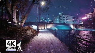 Snowfall Night Walk in Central Tampere Finland - Slow TV 4K