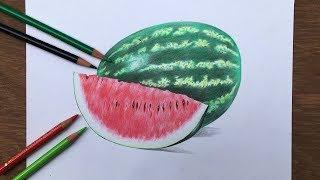 Drawing watermelon with colored pencils  fruit drawing  realistic watermelon drawing