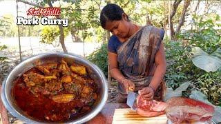 RED CHILLI PORK CRRY WITH RICE  PORK RIBS MEAT MUKBANG  EATING & RECIPE  COOKING IN VILLAGE STYLE