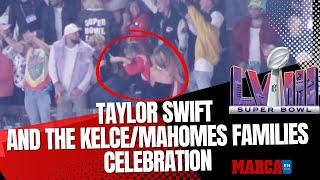 Taylor Swift & the KelceMahomes families celebrating wildly after the Chiefs Super Bowl-winning TD