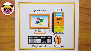 How to Draw Desktop Computer Step By Step  Computer Parts Drawing  Computer Drawing Easy