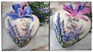 Heart with cat and lavender Serce z kotem i lawendą  decoration decoupage...