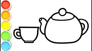 Menggambar dan mewarnai teko dan cangkir untuk anak-anak  Teapot coloring page