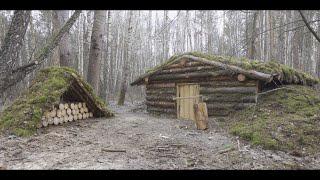 building bushcraft survival Dugout shelter  alone in dark forest  no talking