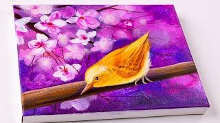 How to paint a bird  cherry blossom   Acrylic painting for beginners