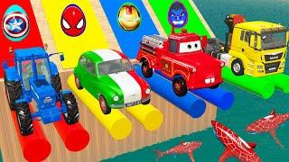 Funny cars vs Flatbed Trailer Tractor Truck Rescue Bus - Car vs Rails and Train - Cars vs Deep Water