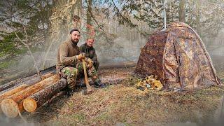 СТРОИМ БОЛЬШОЙ ДОМ в ЛЕСУ - НОЧЬ В ГЛУШИ В ТЕПЛОЙ ПАЛАТКЕ  УКРЫТИЕ СВОИМИ РУКАМИ