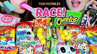 ASMR JAPANESE SNACKS RACE EATING COMPETITION CHOCOLATE KITKAT MARSHMALLOW POCKY GUMMY CHEETOS