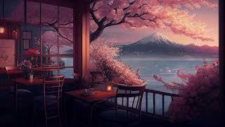 Japanese Lofi Music  Relax Sleep Chill. Japanese cafe with sakura river and a beautiful view