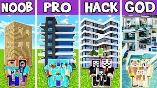 Minecraft FAMILY FUTURISTIC HOTEL BUILD CHALLENGE - NOOB vs PRO vs HACKER vs GOD in Minecraft