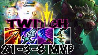 WILD RIFT TWITCH ADC GAMEPLAY  21-3-8 MVP  TWITCH BUILD RUNES