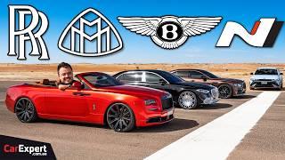 V12 vs V8 Bentley vs Maybach vs Rolls-Royce vs Hyundai EV drag race