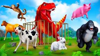 Crazy Farm Animals vs Giant Trex Dinosaur  Funny Animals Gorilla Pig Cow Horse Monkey Cartoons