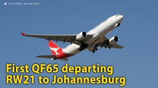 First QF65 departs RW21 for Johannesburg at Perth Airport on November 1 2022.