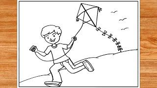  How To Draw A Boy Flying Kite  Kite Flying Scenery  Kite Festival Drawing  Step by Step #kite