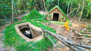 Building an Underground Grass Roof Hut with the Most Secret Underground Well