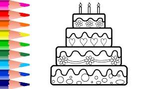 Very Beautiful Birthday Cake Drawing And Coloring Video - How To Draw Birthday Cake