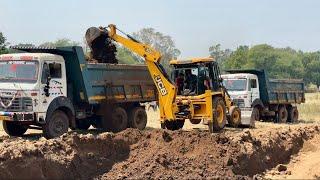 JCB 3dx Backhoe Fully Loading Mud with Tata 2518 Truck Stuck in Mud Pulling by JCB