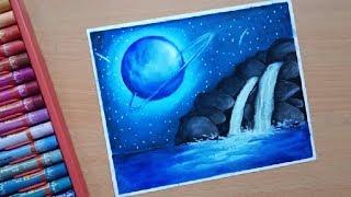 Simple Waterfall Galaxy Scenery Painting with Oil Pastel  Oil Pastel Painting Waterfall