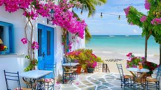 Elegant Bossa Nova Jazz Music at Outdoor Beach Coffee Shop Ambience with Ocean Waves for Happy Moods