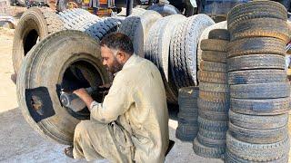 Truck cut tyre repairing process Awesome Technique of repairing tyre truck riven tyre repairing