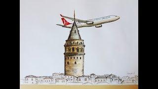 Galata Kulesi nasıl çizilir? How to draw Galata Tower? Timelapse video