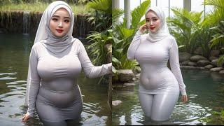 AI HIJAB INDONESIAN SWIMMING  WEARING WHITE CLOTHES IN RIVER  AI ART LOOKBOOK