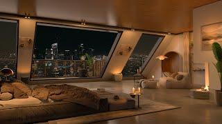 Cityscape Jazz Bliss - 4K Tranquil Retreat - Peaceful Bedroom with Nighttime Views  Serenity