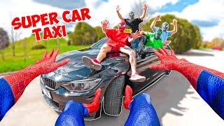 PRO 4 SUPERHERO TEAM vs SUPER CAR TAXI  Spider-Man Stole Super Car Taxi Funny Action