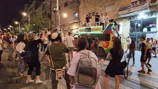Jerusalem Day - Breslov Jewish Hasidic group party on Jaffa Road Jerusalems main street