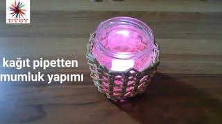 kağıt pipetten sepet örgü mumluk  basket weave candle holder made of paper straws
