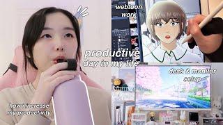 WEBTOON VLOG  PRODUCTIVE DAY IN MY LIFE new desk setup & monitor organizing work & draw with me