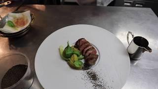 Chef Vincent Gardinal prepares supreme of pigeon at 1 Michelin star Restaurant Le Prieuré Saint-Géry