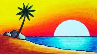 Cara Menggambar Pemandangan Matahari Terbenam di Pantai  Menggambar dan Mewarnai Pemandangan Sunset