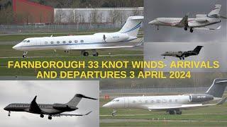 WINDY Farnborough Airport. 33 knot gusts. Gulfstreams. Falcon 8X. Bombardier Global. 3 April 2024