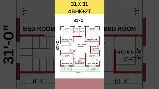 4 bed room village home plan in 31x31 feet 31 by 31 makan ka naksha #shorts #homeplan #gharkadesign