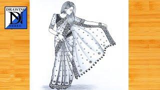 How to draw a traditional Girl with beautiful saree  Pencil sketch for beginner  girl drawing