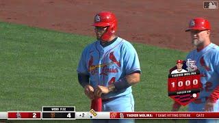 Yadier Molina gets a hit to right field bringing in Juan Yepez  for his 1000th Career RBI