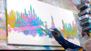 Pop Art  Abstract Painting Demo With Stencils  New York City Skyline